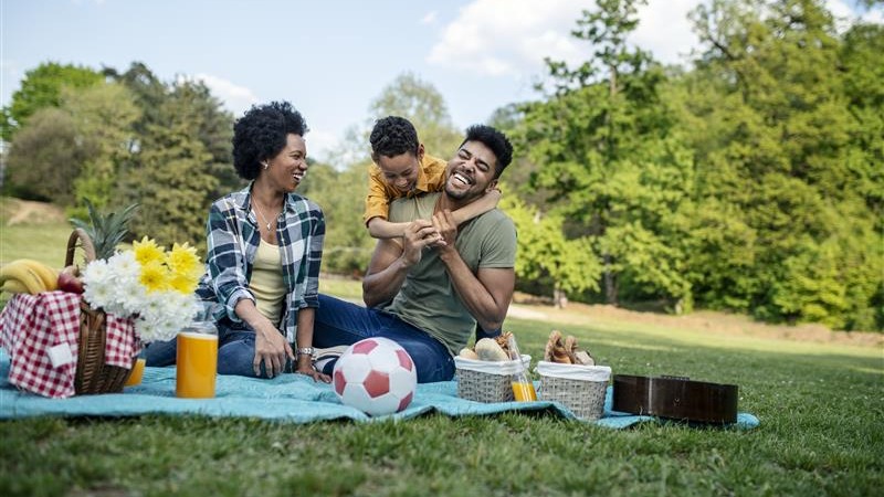 A family of three playfully enjoying an outdoor picnic